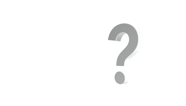 Question mark 3D object, gray & white outlined, against a deep, black background