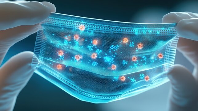 Gloved hands holding medical mask with translucent viral particles