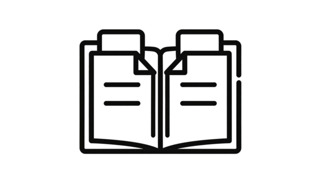 Simple line art of two opened books/clipboards with text, displayed against a black background, minimalist style