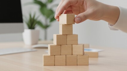Hand stacking wooden blocks into a pyramid shape, symbolizing business growth, strategic planning, project development, career progression, and hierarchy establishment