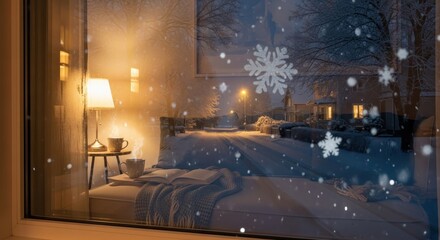 Cozy Winter Window View Snowfall Outside, Warm Indoors with Glowing Lamp