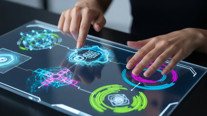 Person interacting with futuristic transparent touchscreen interface. Demonstrating innovative digital user experience with holographic elements and data visualization for advanced technology concept