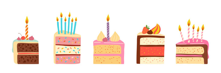 Set of colorful birthday cake slices with candles, frosting, and sprinkles. Hand drawn vector illustration of sweet desserts and festive treats