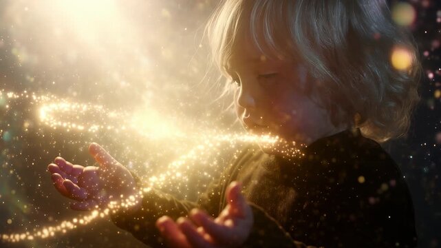 Adorable blond child holding hands open, watching a glowing trail of golden glitter and fairy dust swirling in a magical, dreamlike atmosphere with beautiful cinematic light