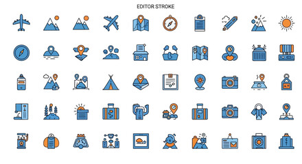 Travel and Adventure Flat Line Icon Set – Tourism, Outdoor Exploration, and Vacation Elements