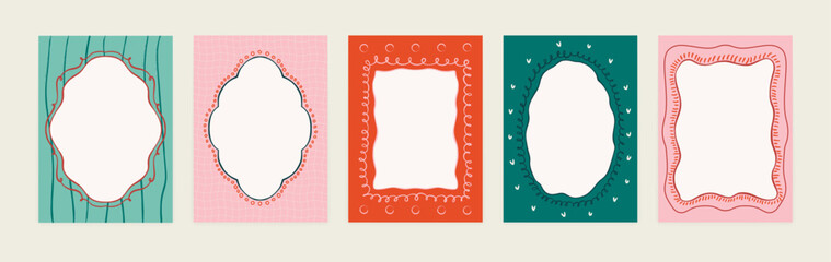 Set of frames and borders with wavy edges. Abstract doodle frames with curved shapes and elements for greeting cards, web design, packaging, covers. Vector background collection