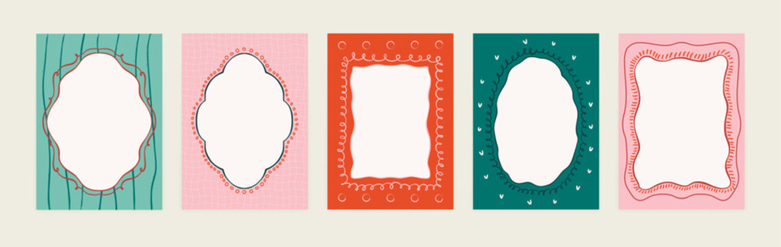 Set of frames and borders with wavy edges. Abstract doodle frames with curved shapes and elements for greeting cards, web design, packaging, covers. Vector background collection