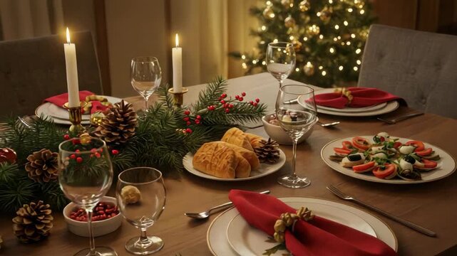 Festive dining table setting with candles and decorations