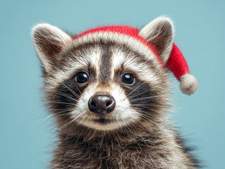 Cute raccoon wearing a red Christmas hat against a light blue background during the festive holiday season