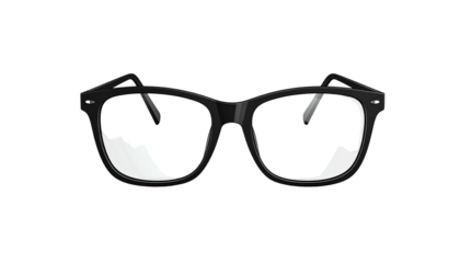 Classic black-framed glasses, symmetrical and clear, sit centered against a stark black background. Illustration style
