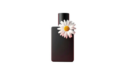 A black bottle with a white daisy flower, centered on a dark backdrop, with soft highlights and shadows