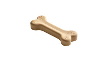 Beige dog bone shaped treat against a black background with paw print detail on each end