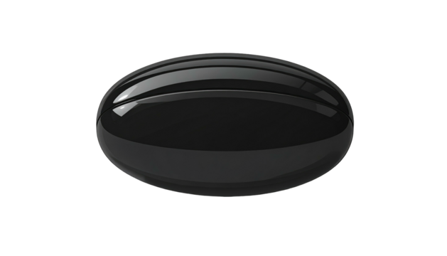 Sleek, capsule-shaped black object with glossy shine against black. Dark, minimalist, and evocative