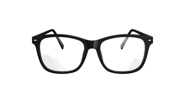 Classic black-framed glasses, symmetrical and clear, sit centered against a stark black background. Illustration style