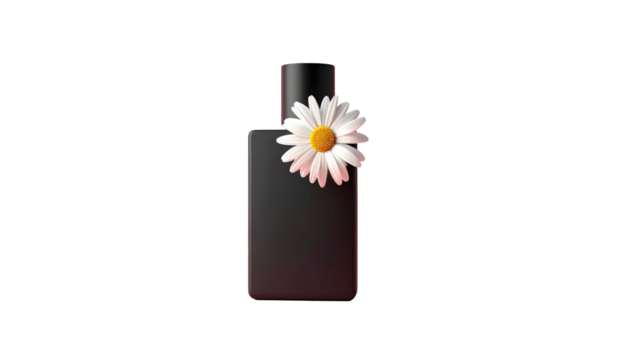 A black bottle with a white daisy flower, centered on a dark backdrop, with soft highlights and shadows