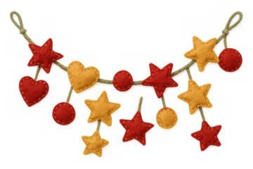 Felt garland with red and golden yellow stars, hearts, and circles on braided string, transparent background