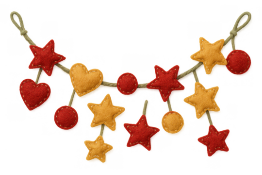 Felt garland with red and golden yellow stars, hearts, and circles on braided string, transparent background - Powered by Adobe