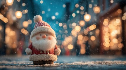 Cute Santa Claus Figurine on Snowy Street with Christmas Lights