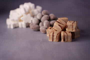 close-up of assorted gourmet confections arranged on a neutral gray surface with white...