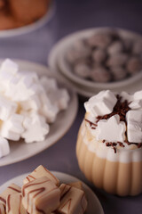 cozy kitchen scene with a warm drink topped with marshmallows and chocolate sprinkles, surrounded by plates of assorted chocolates, cookies, and marshmallow treats on a soft purple surface, elegant