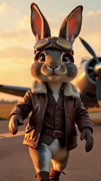 A cute 3D animated rabbit pilot in a brown leather flight jacket and goggles, waving goodbye as he climbs into the cockpit