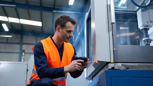 Male Worker Inspecting Machinery with Laser in Industrial Setting