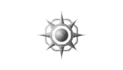 Geometric starburst design with central sphere, rendered in grayscale, against a stark black background