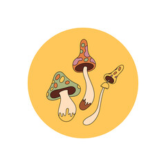 Groovy psychedelic mushroom sticker in retro circle label style. Funky patch with magic colors and y2k charm perfect for sealing a package or lid. Colorful and playful option for box or package.