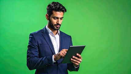 Professional Businessman in Suit Using Tablet on Green Screen Background. - Powered by Adobe