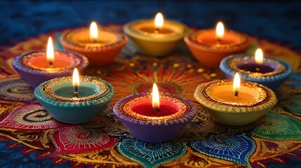 Happy Deepavali. Indian festival Diwali, Diya oil lamps lit on colorful rangoli. Hindu traditional. Copy space, selective focus.