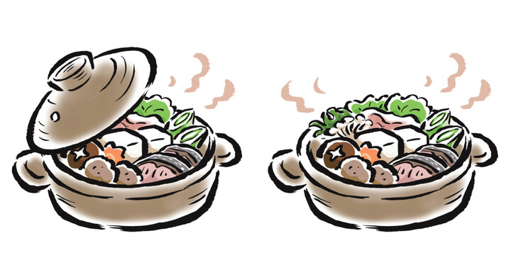 寄せ鍋　蓋あり・なし　筆タッチ手描きイラスト
