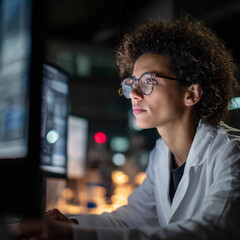 Scientist Working at Computer in Laboratory at Night