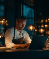 Chef Working on Laptop in Warm Restaurant Lighting