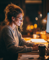 Woman Working at Laptop at Night