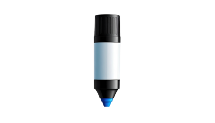 Illustration of a marker with blue tip, black cap and a light blue rectangular body on a black background