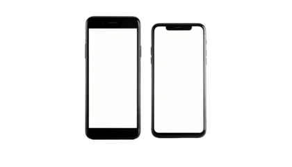 Two black smartphones with blank white screens are side-by-side against a dark, uniform background