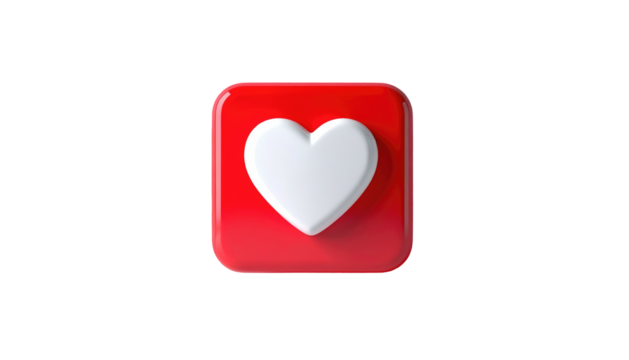 Glossy red square with white heart icon, centered against a black background. Symbol of love and affection