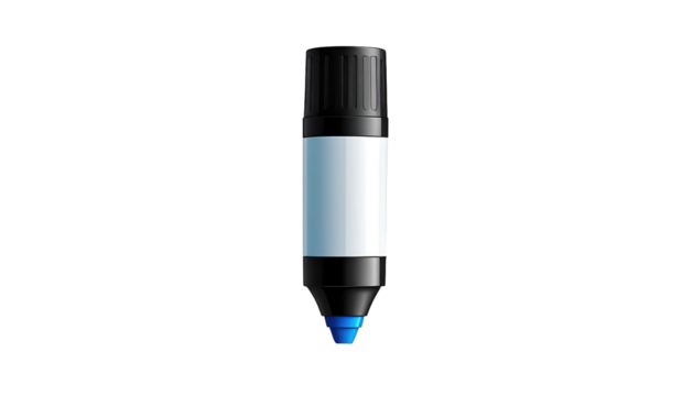 Illustration of a marker with blue tip, black cap and a light blue rectangular body on a black background
