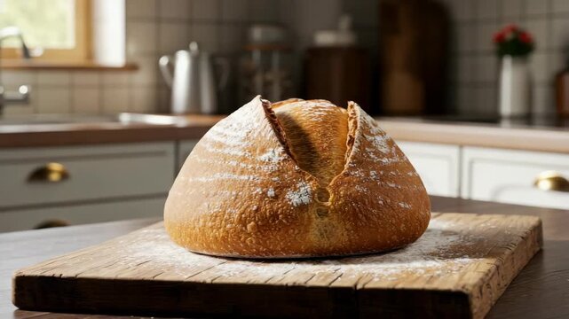 Freshly baked artisan bread loaf on wooden cutting board
