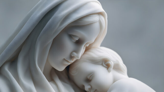 Sculpture of woman embracing child. Religious art with a mother and infant. Iconic imagery for Christian faith, devotion, and motherhood.