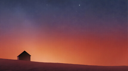 Small house silhouette on a hill under a twilight sky with stars. Minimalist landscape for calm and quiet concept.