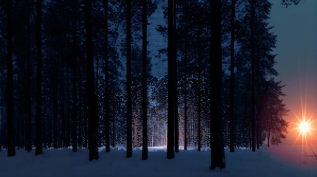 Pixelated winter forest with colorful sunrise. Glitch effect digital landscape with sunset. Abstract technology and nature fusion concept.
