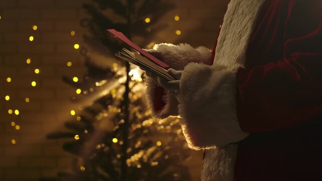 Santa Claus looks through envelopes with letters near a sparkling Christmas tree and warm lights in the background.