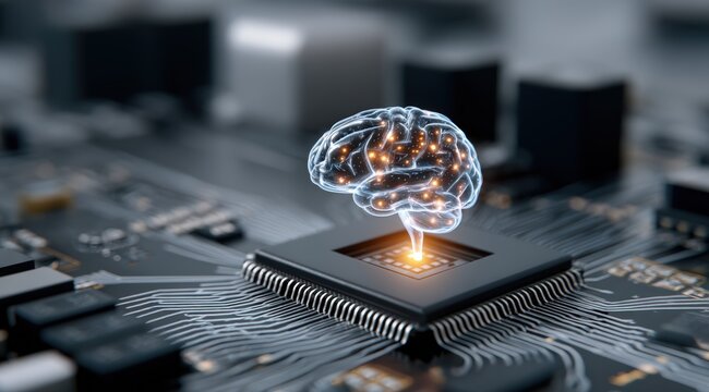 Futuristic glowing digital hologram of a brain emerging from a computer microchip. Concept of artificial intelligence