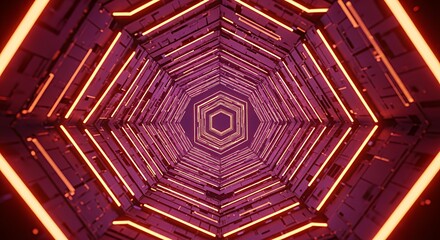 Futuristic Neon Tunnel with Geometric Hexagonal Pattern in Vibrant Pink and Orange Lighting