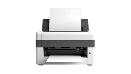 Front view of white printer with paper tray, ready for printing on a plain black background