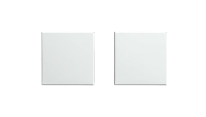 Two adjacent, white square buttons with a glossy texture are centrally positioned on a black backdrop