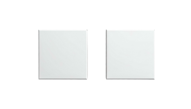 Two adjacent, white square buttons with a glossy texture are centrally positioned on a black backdrop