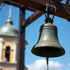 Obraz premium Old church bell on wooden frame, architectural heritage style, blue sky background, spirituality and tradition