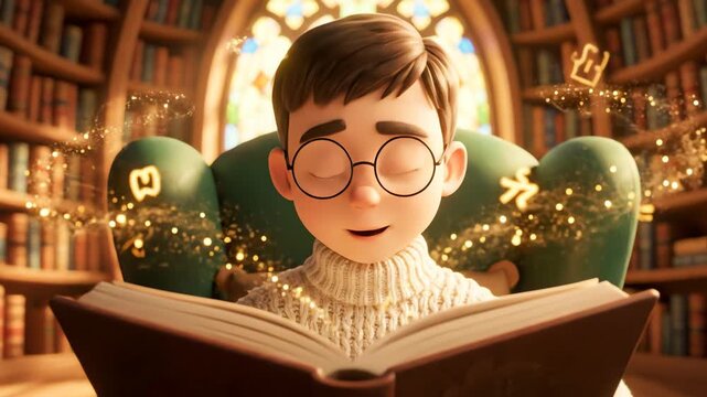 Animated young person reading in a library with bookshelves and stained glass